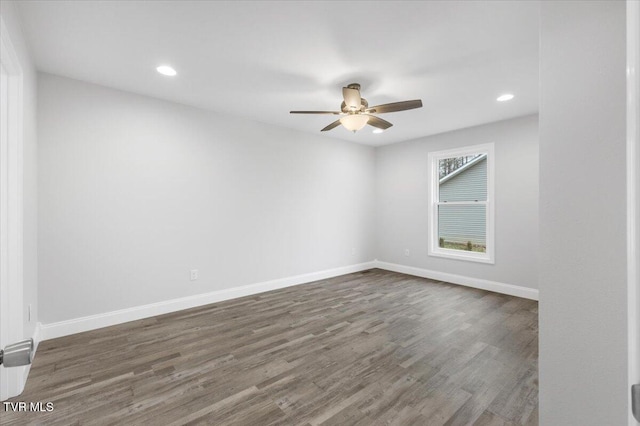 unfurnished room with recessed lighting, ceiling fan, baseboards, and wood finished floors