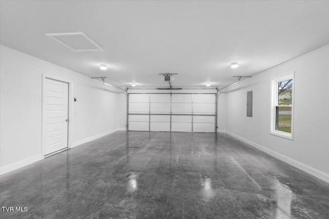 garage with electric panel, baseboards, and a garage door opener