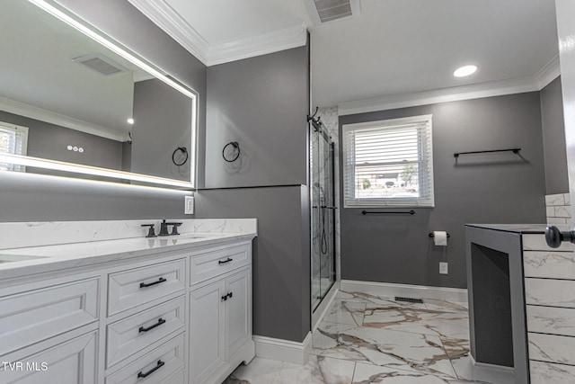 full bath with a sink, visible vents, marble finish floor, a shower stall, and crown molding