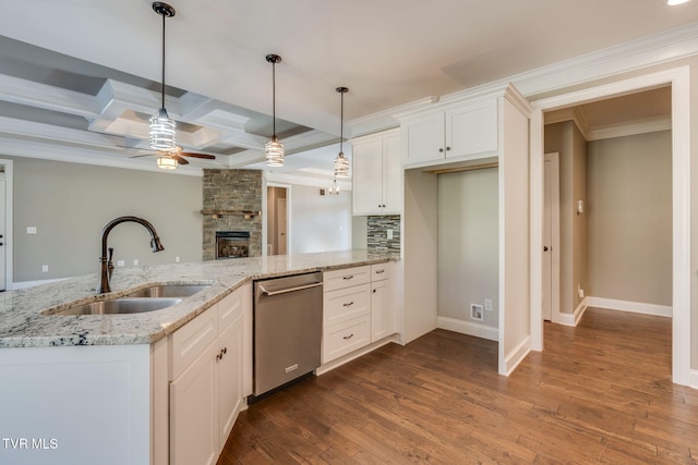 kitchen with white cabinets, dishwasher, coffered ceiling, dark wood-type flooring, and a sink