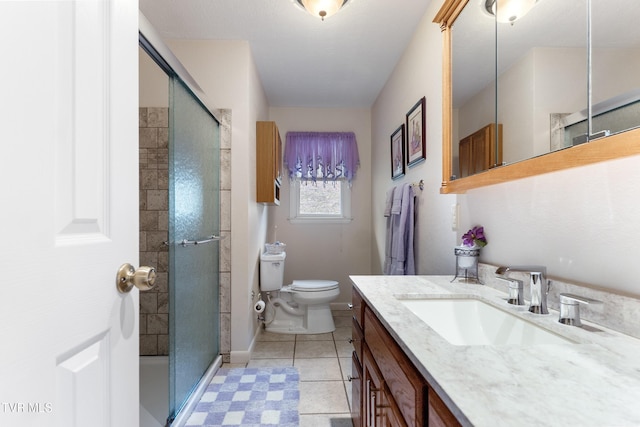 bathroom featuring a shower stall, toilet, and vanity