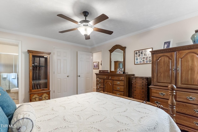 bedroom with ensuite bath, ornamental molding, and a ceiling fan