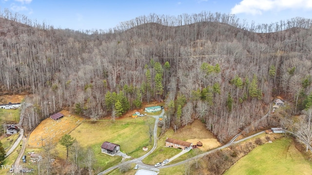 birds eye view of property featuring a forest view