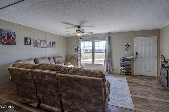 living area with ceiling fan, a textured ceiling, and wood finished floors