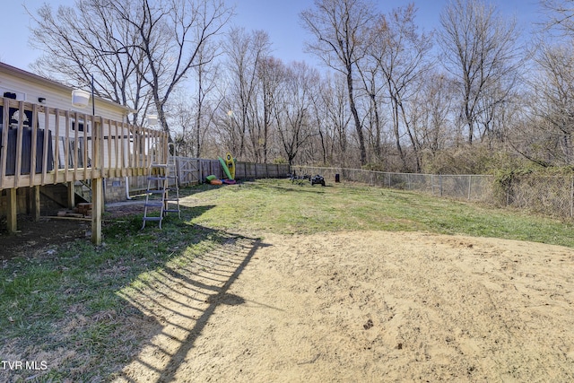 view of yard featuring a fenced backyard and a wooden deck