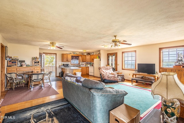 living area featuring a textured ceiling, ceiling fan, and light wood finished floors