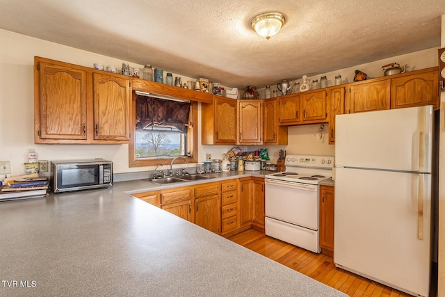 kitchen with brown cabinets, a sink, a textured ceiling, white appliances, and light countertops