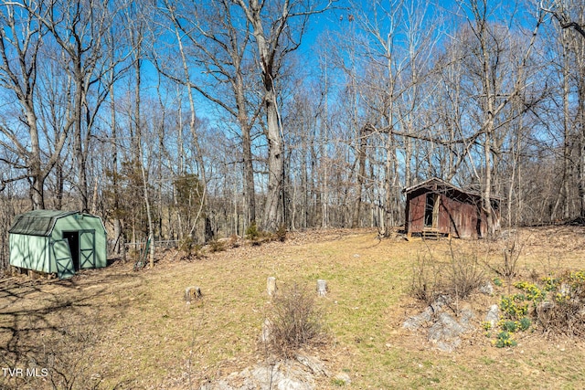 view of yard featuring a shed and an outdoor structure