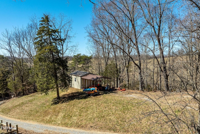 view of yard with an outbuilding, a storage unit, and a wooded view