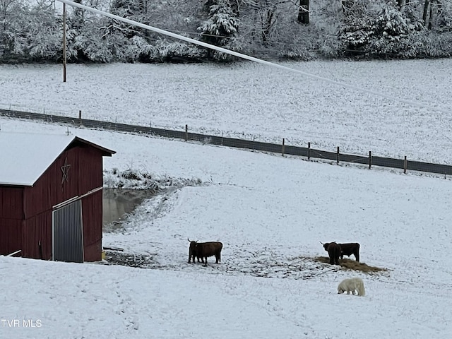 yard covered in snow with a garage and an outdoor structure