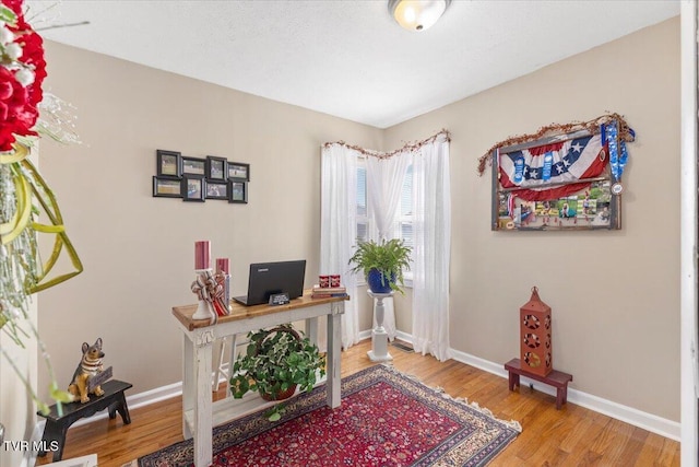 home office featuring baseboards and wood finished floors