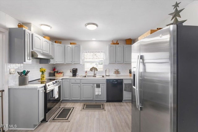 kitchen featuring light wood-style flooring, gray cabinetry, under cabinet range hood, a sink, and appliances with stainless steel finishes