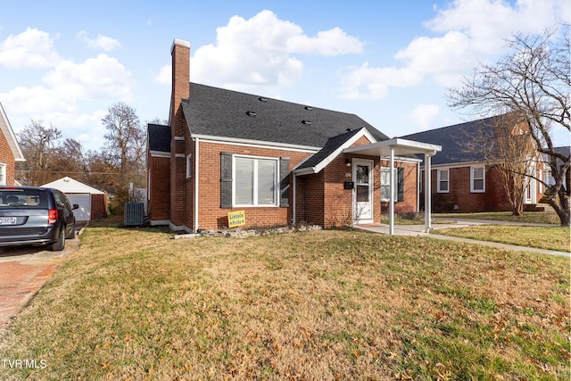 bungalow with brick siding, roof with shingles, a chimney, central air condition unit, and a front lawn