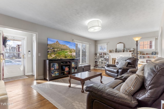 living room featuring a textured ceiling, baseboards, and wood finished floors