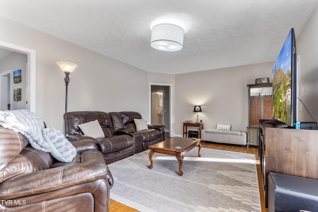 living area with a textured ceiling and wood finished floors