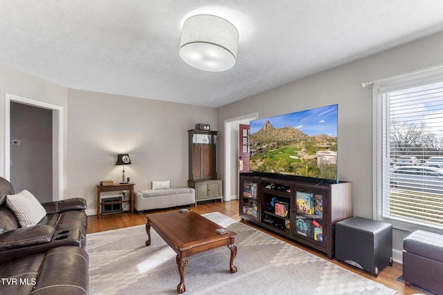 living room with a textured ceiling, baseboards, and wood finished floors