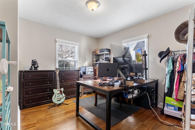 home office with light wood finished floors