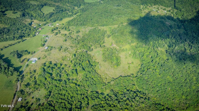 aerial view featuring a wooded view