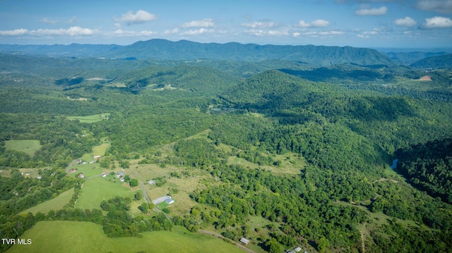 aerial view featuring a forest view and a mountain view