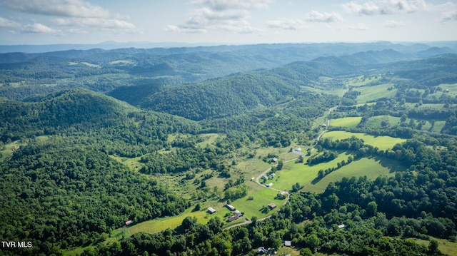 drone / aerial view with a mountain view and a view of trees