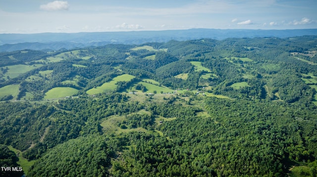 birds eye view of property featuring a mountain view and a forest view