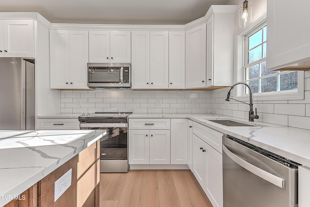 kitchen featuring white cabinets, appliances with stainless steel finishes, a sink, light wood-type flooring, and backsplash