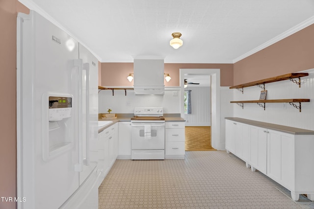 kitchen with white appliances, premium range hood, open shelves, ornamental molding, and white cabinets