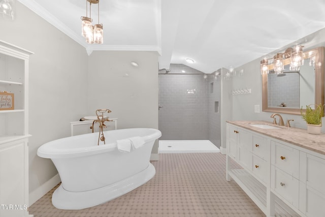 bathroom with vanity, ornamental molding, a freestanding bath, vaulted ceiling, and walk in shower