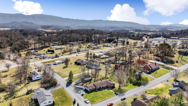 drone / aerial view featuring a mountain view