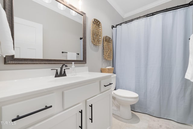 bathroom featuring curtained shower, toilet, ornamental molding, vanity, and tile patterned floors