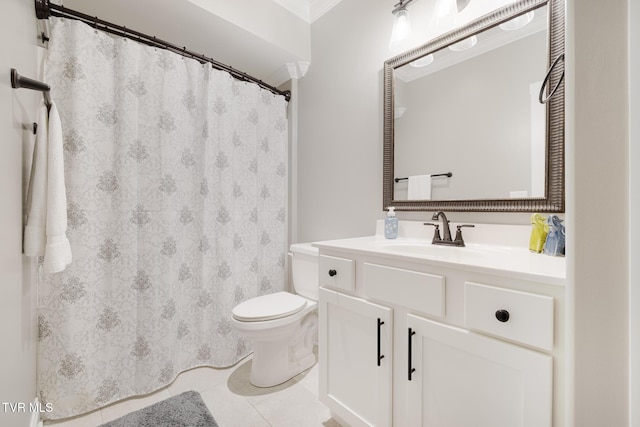 full bathroom featuring curtained shower, vanity, toilet, and tile patterned floors