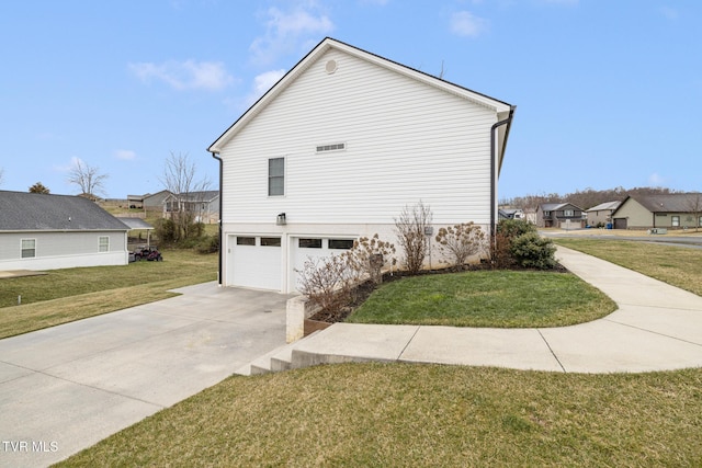 view of property exterior featuring a garage, a residential view, concrete driveway, and a lawn