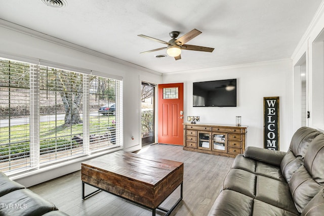 living room featuring light wood-type flooring, a ceiling fan, visible vents, and crown molding