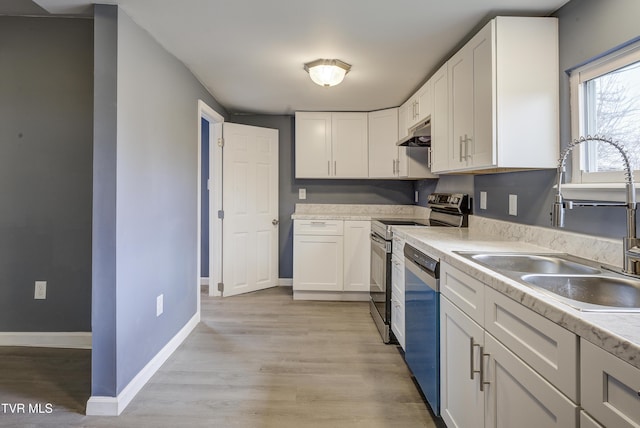 kitchen featuring stainless steel appliances, a sink, light countertops, and under cabinet range hood