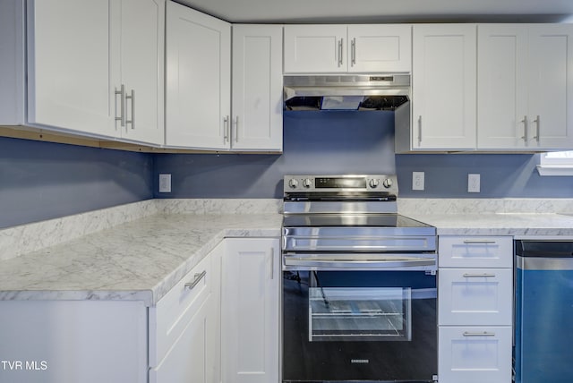 kitchen with white cabinets, stainless steel range with electric stovetop, and under cabinet range hood