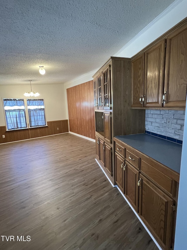 kitchen with dark wood-style floors, wainscoting, wood walls, and dark countertops