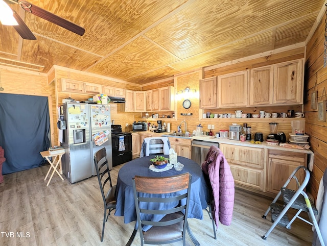 kitchen featuring wooden ceiling, light wood-style flooring, stainless steel appliances, wood walls, and light brown cabinets