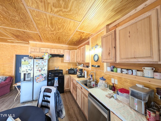 kitchen with wooden ceiling, exhaust hood, a sink, light countertops, and black appliances