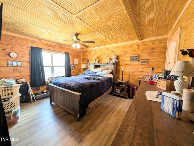 bedroom with wood walls, wood finished floors, wood ceiling, and a ceiling fan