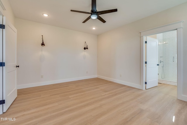 spare room featuring light wood finished floors, ceiling fan, baseboards, and recessed lighting