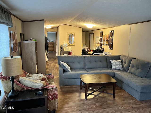 living room featuring vaulted ceiling, wood finished floors, and crown molding