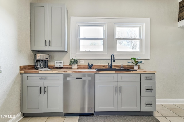 kitchen with a sink, stainless steel dishwasher, wood counters, and gray cabinetry