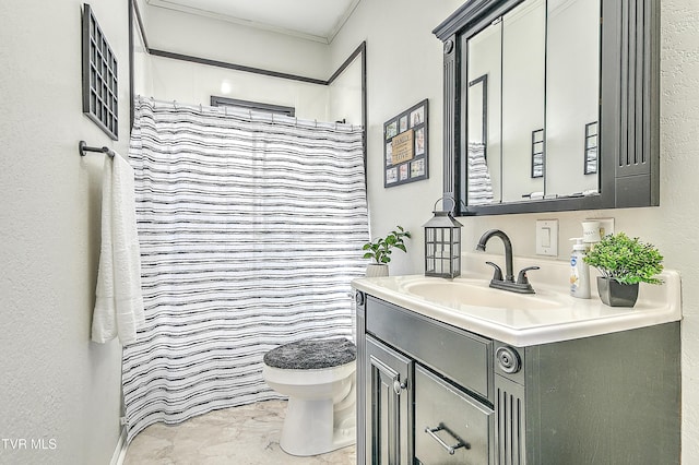 full bath featuring toilet, marble finish floor, vanity, and a shower with curtain