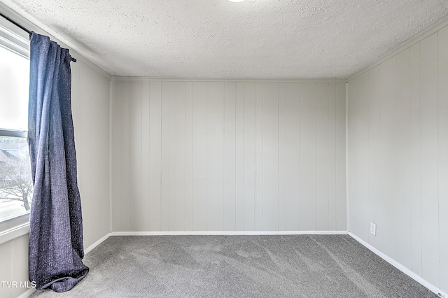 empty room featuring carpet, baseboards, and a textured ceiling