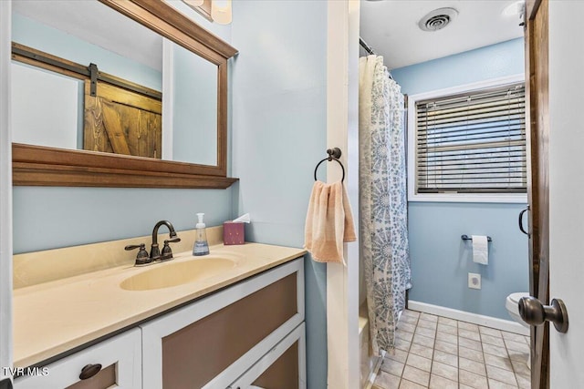 bathroom featuring visible vents, shower / bath combo with shower curtain, vanity, tile patterned flooring, and baseboards