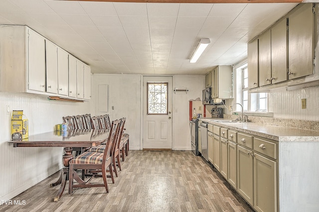 kitchen with light wood-style floors, plenty of natural light, range, and a sink