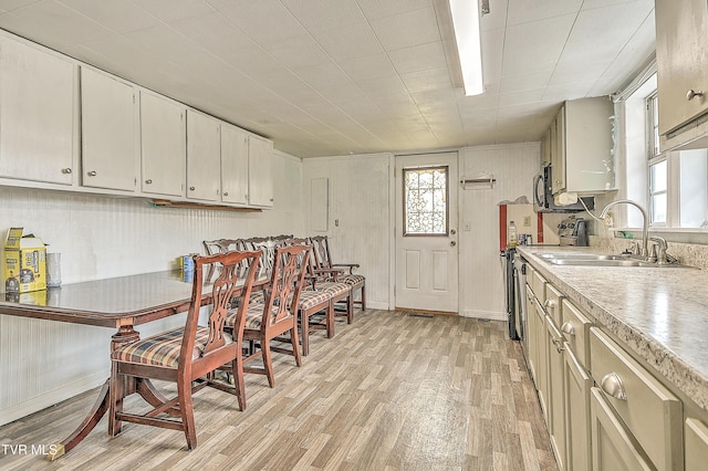 kitchen featuring light wood-type flooring, a wealth of natural light, light countertops, and a sink