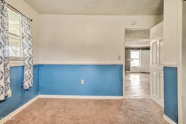 spare room featuring carpet floors, a textured ceiling, baseboards, and a wealth of natural light