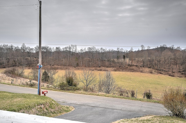 view of road with a wooded view