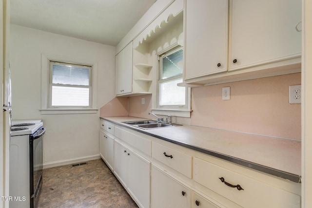 kitchen featuring visible vents, open shelves, a sink, electric range oven, and light countertops